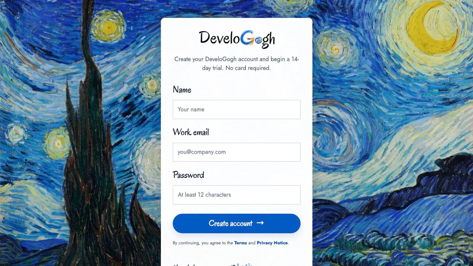 DeveloGogh account creation workflow